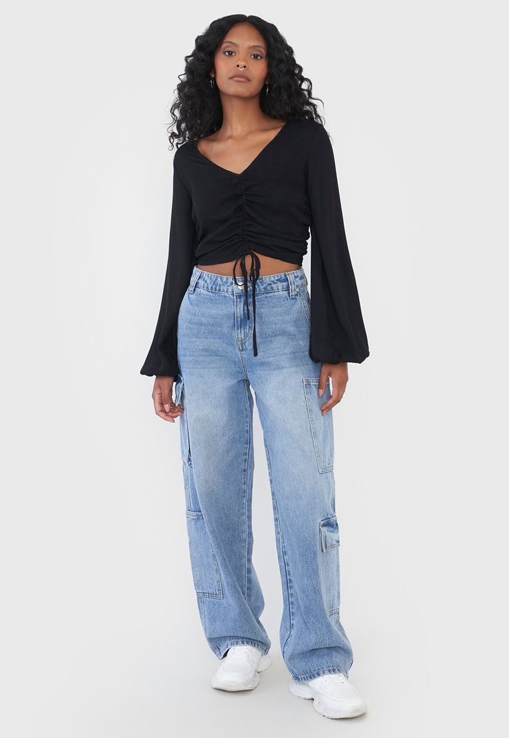 Blusa Mujer Manga Globo Negro Corona-3