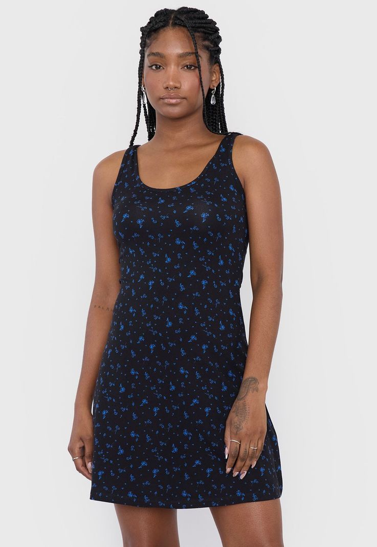 Vestido Mujer Corto Pabilo Ancho Negro Flores Corona-0