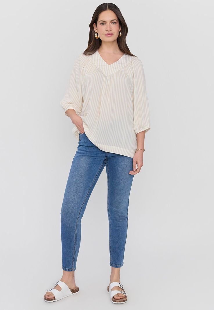 Blusa Mujer Cuello V Manga Globo Líneas Corona-3