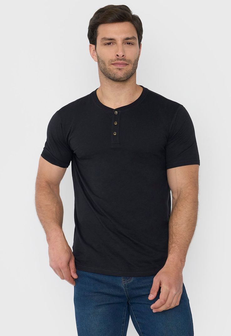 Polera Hombre Henley Slub Negro Corona-0