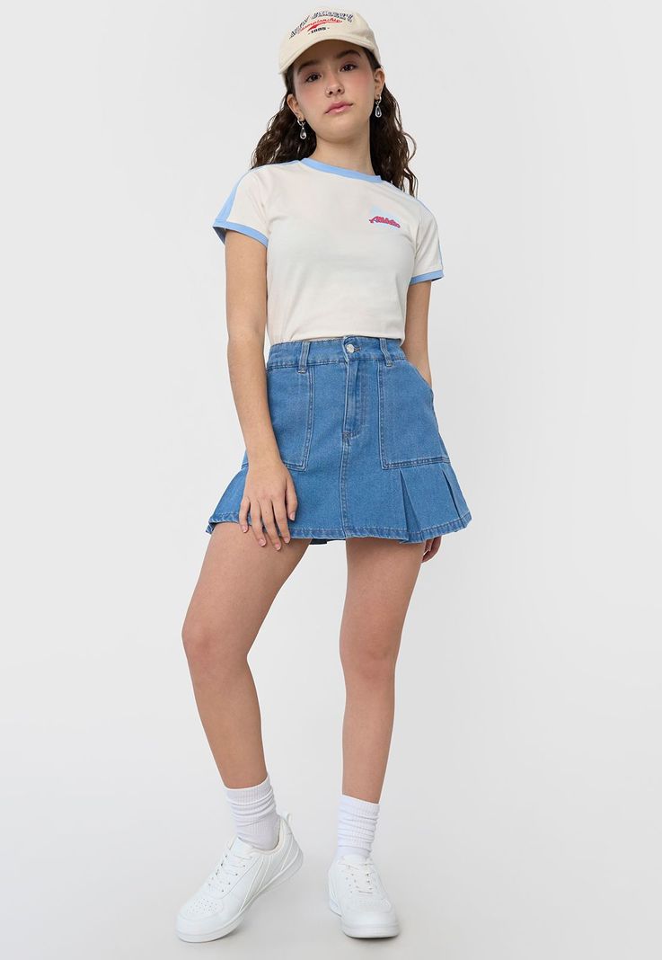 Falda Niña Tableada Denim Sporty Azul Medio Corona-0