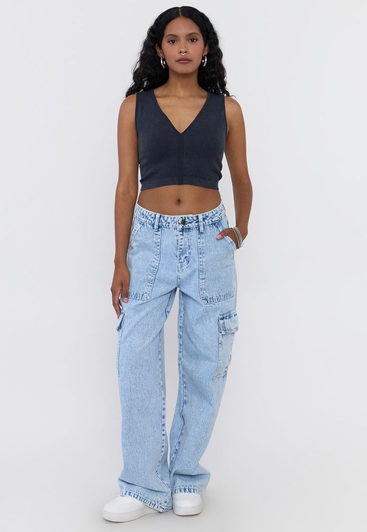 Jeans Mujer Straight Fit Cargo Azul Claro Corona-0