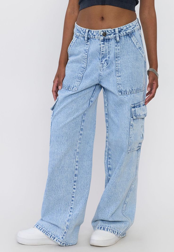 Jeans Mujer Straight Fit Cargo Azul Claro Corona-1