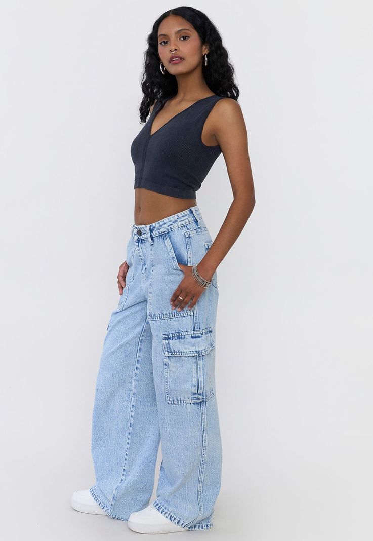 Jeans Mujer Straight Fit Cargo Azul Claro Corona-3