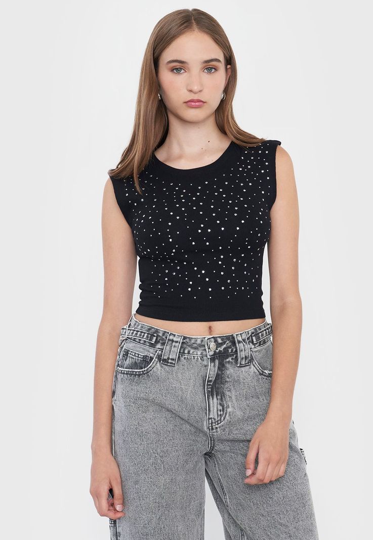 Polera Mujer Brillos Sin Mangas Color Negro Corona-0
