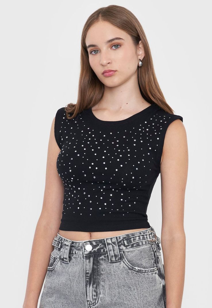 Polera Mujer Brillos Sin Mangas Color Negro Corona-2