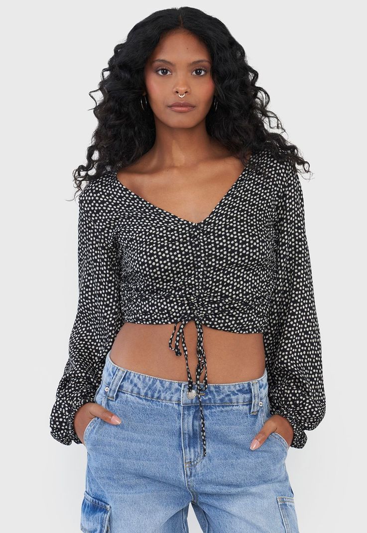 Blusa Mujer Manga Globo Print Negro Corona-0