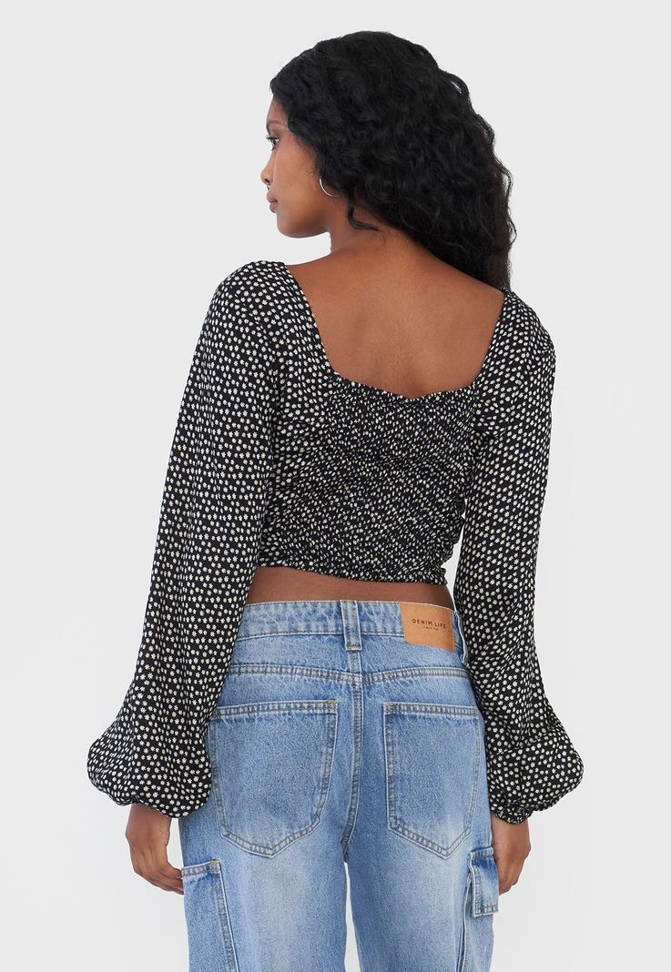 Blusa Mujer Manga Globo Print Negro Corona-1