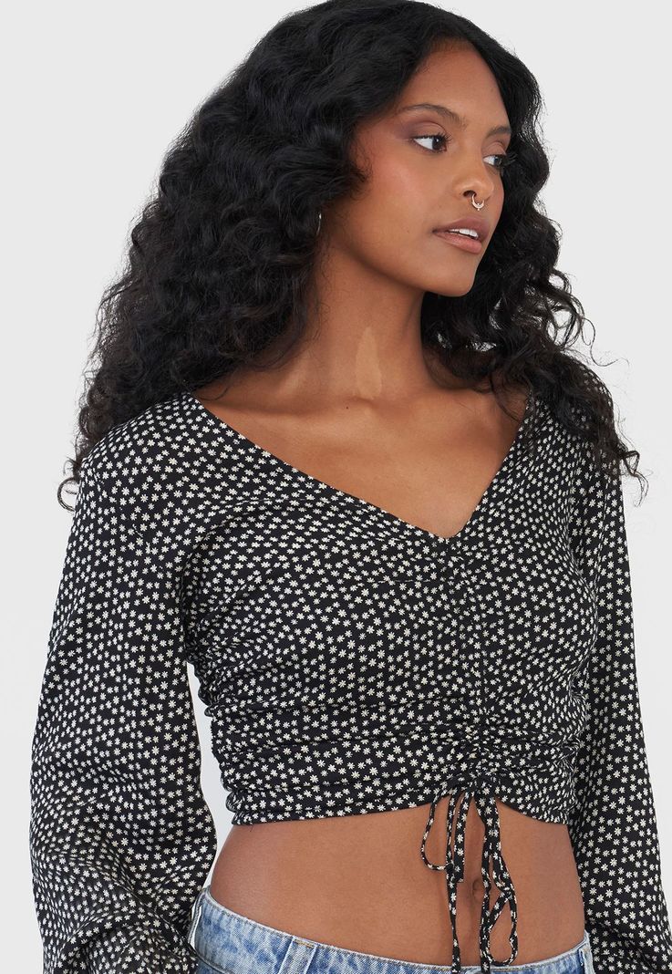 Blusa Mujer Manga Globo Print Negro Corona-2
