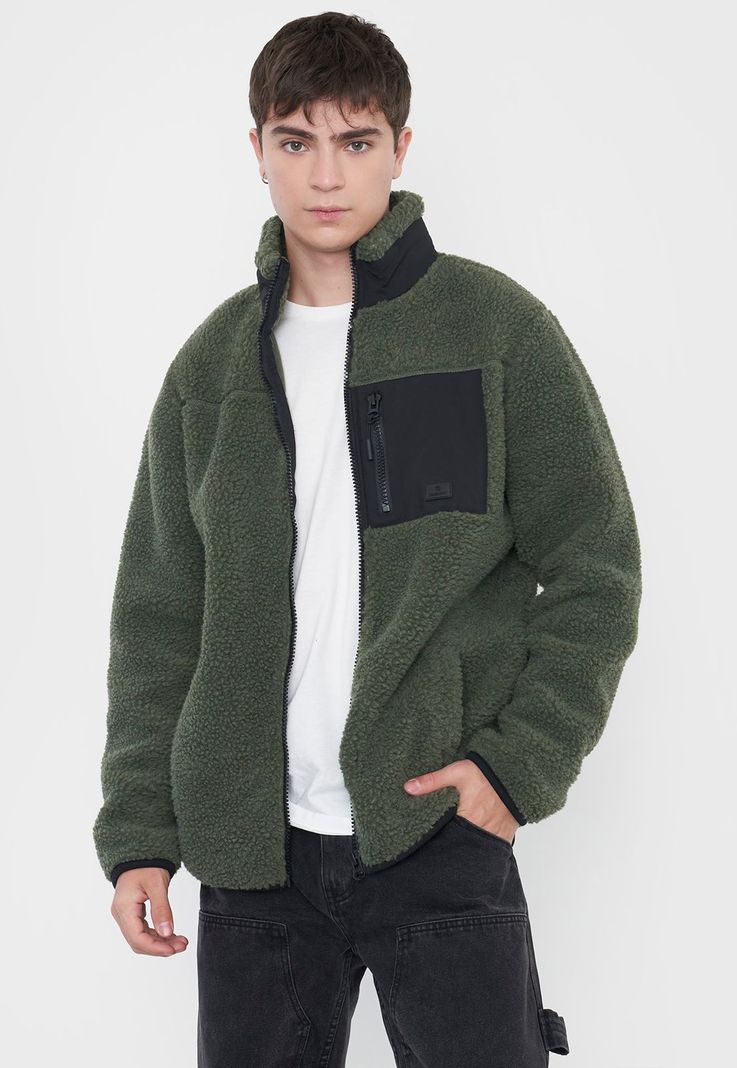 Casaca Hombre Sherpa Full Zipper Verde Militar Corona-0