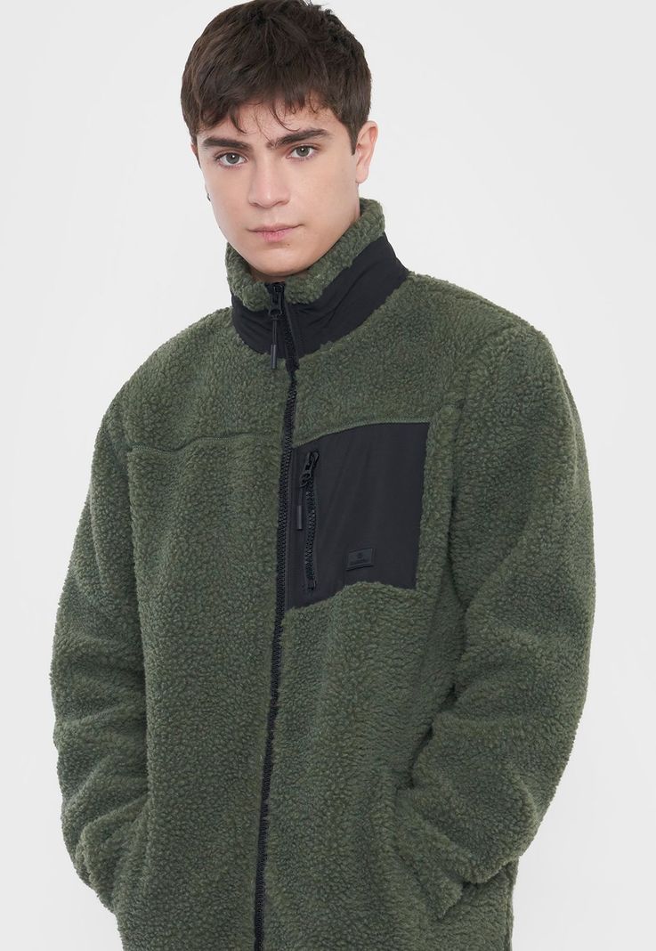 Casaca Hombre Sherpa Full Zipper Verde Militar Corona-2