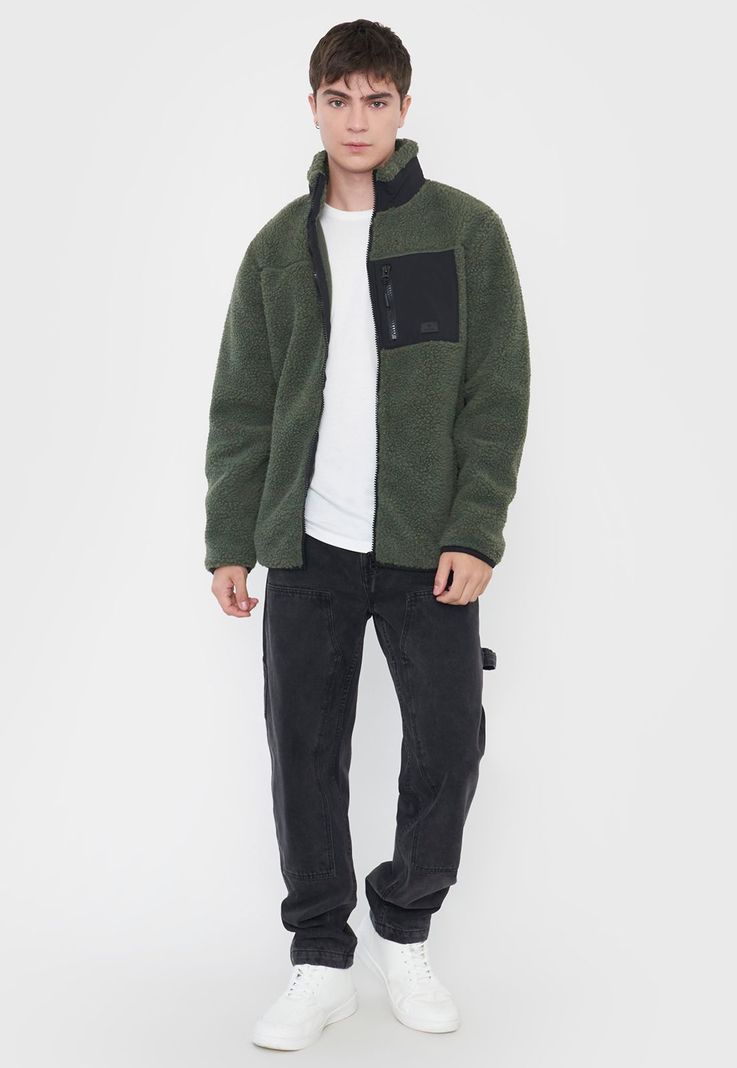 Casaca Hombre Sherpa Full Zipper Verde Militar Corona-3