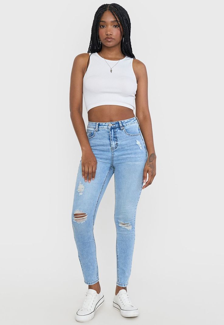 Jeans Mujer Skinny Roturas Azul Claro Corona-0