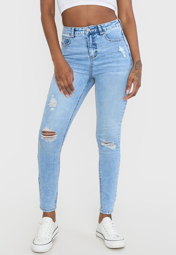 Jeans Mujer Skinny Roturas Azul Claro Corona-1