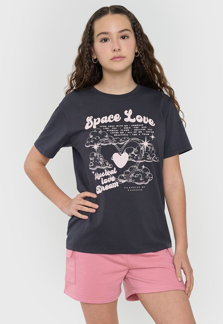 Polera Niña Teen Manga Corta Fun Oversize  Negro Corona-0