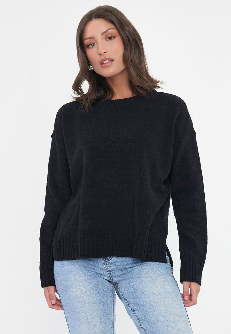 Sweater Mujer Chenille Cuello Redondo Negro Corona-0