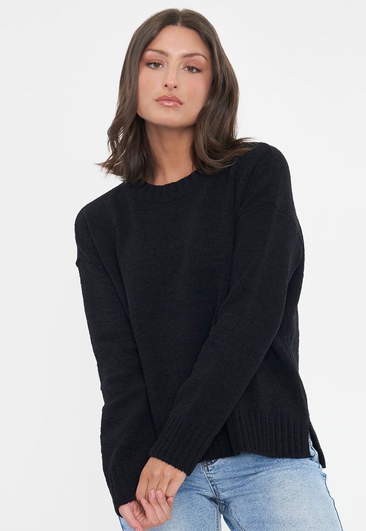Sweater Mujer Chenille Cuello Redondo Negro Corona-2