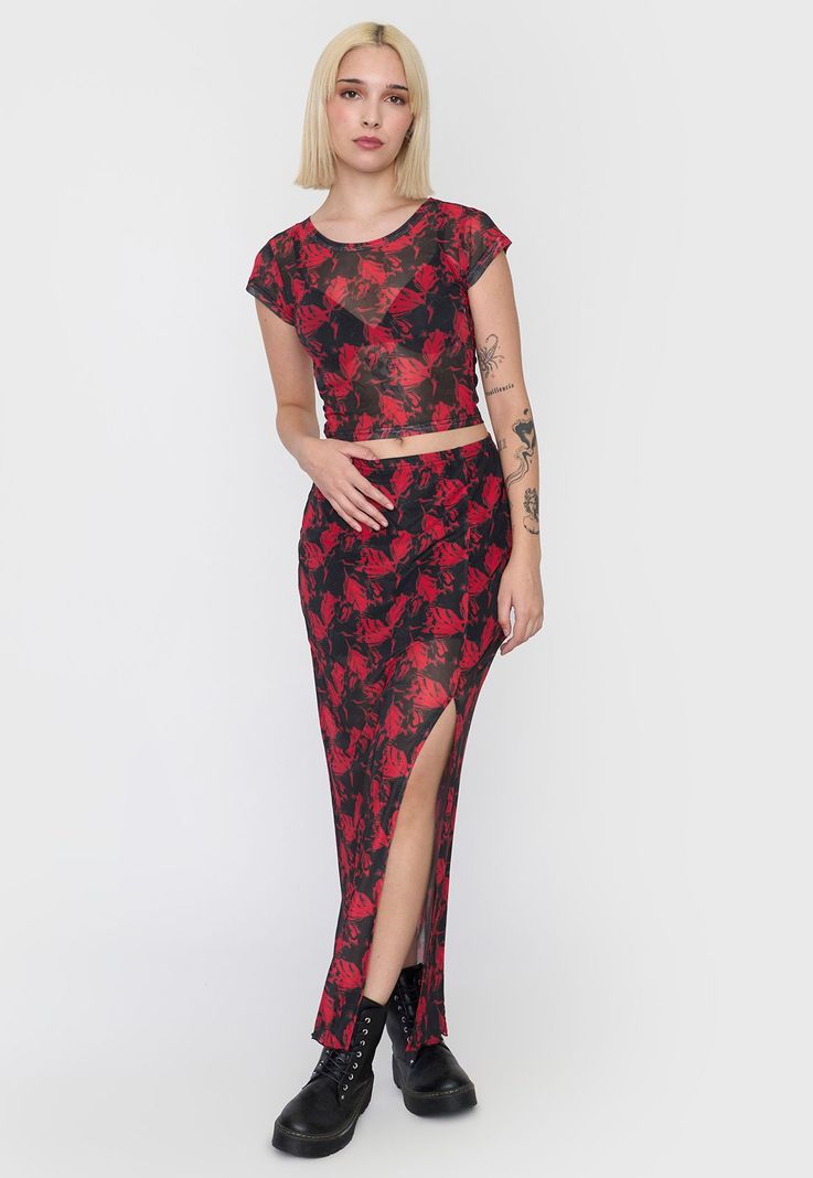 Falda Mujer Midi Malla Rojo Corona-0