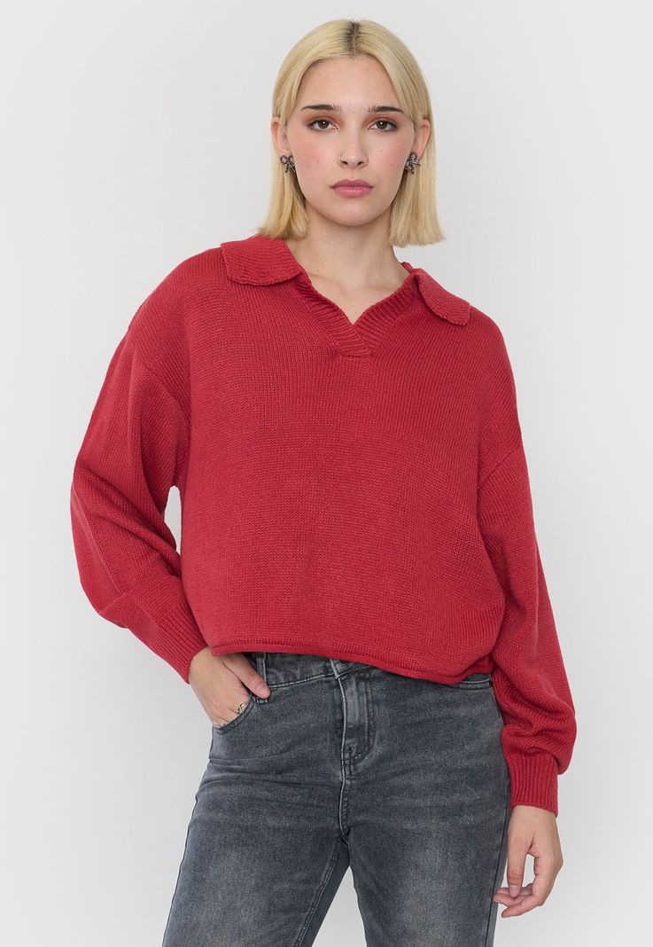 Sweater Mujer Cuello Polo Bicolor Rojo Corona-0