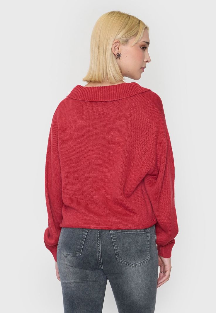 Sweater Mujer Cuello Polo Bicolor Rojo Corona-1