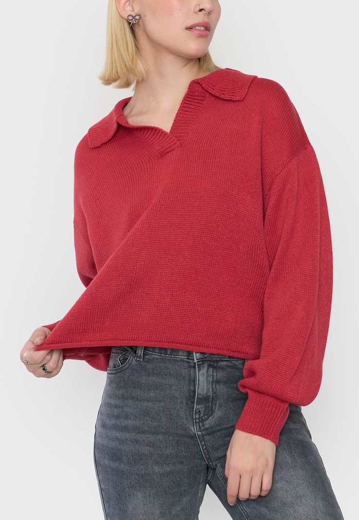 Sweater Mujer Cuello Polo Bicolor Rojo Corona-2