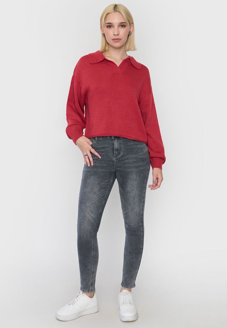 Sweater Mujer Cuello Polo Bicolor Rojo Corona-3