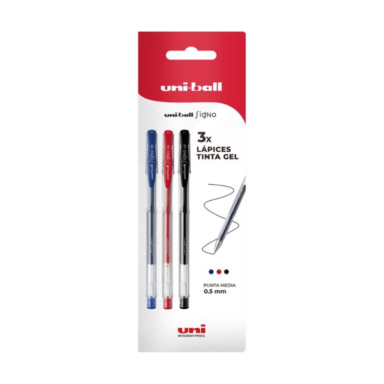 Lápices Gel Uniball Signo-100 0.5mm x3 azul7rojo/negro-0