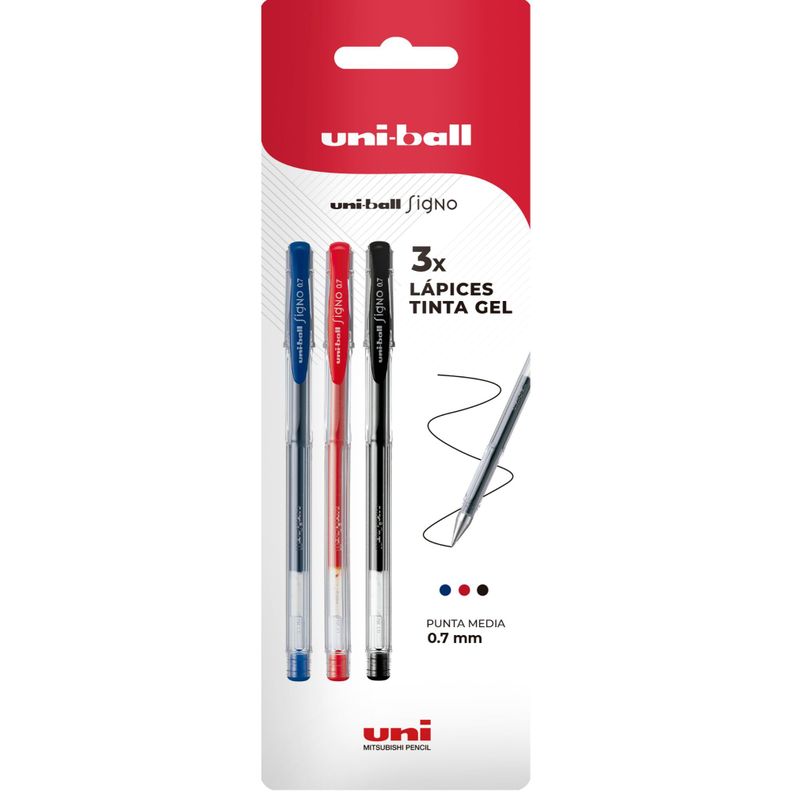 Lápices Gel Uniball Signo-100 0.7mm x3 azul7rojo/negro-0