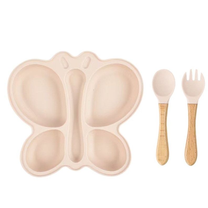 Set Plato de Silicona Mariposa con Cuchara y Tenedor para Bebe Beige