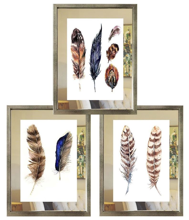 Set 3 Cuadros Plateado Plumas Étnicas Espejo 40X50-0