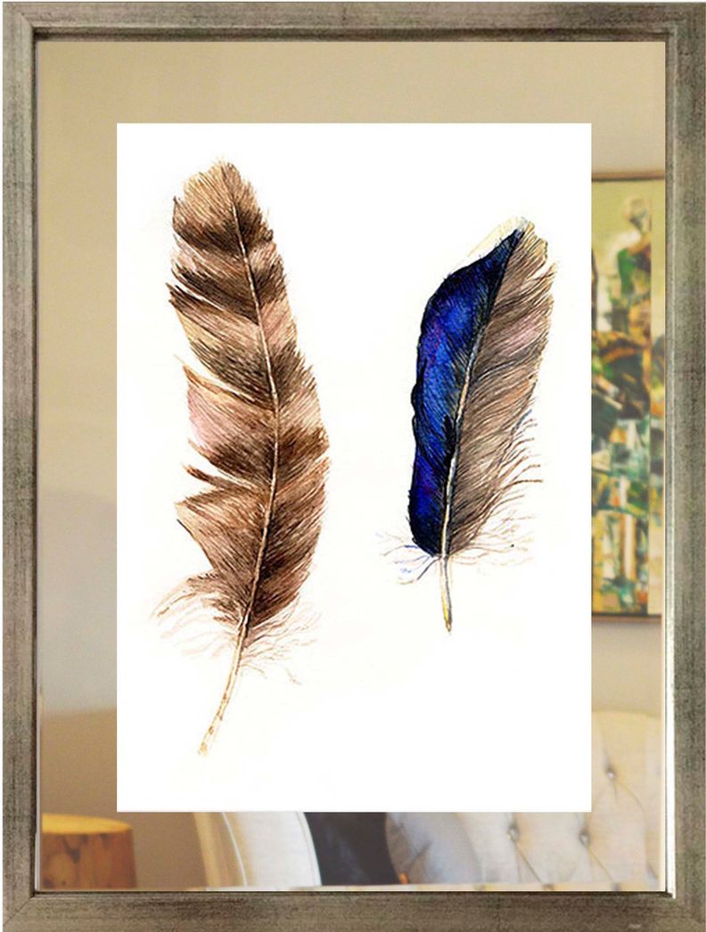 Set 3 Cuadros Plateado Plumas Étnicas Espejo 40X50-2