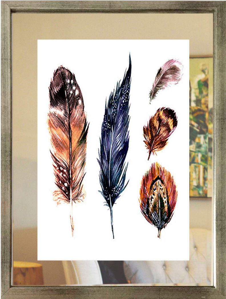 Set 3 Cuadros Plateado Plumas Étnicas Espejo 40X50-1