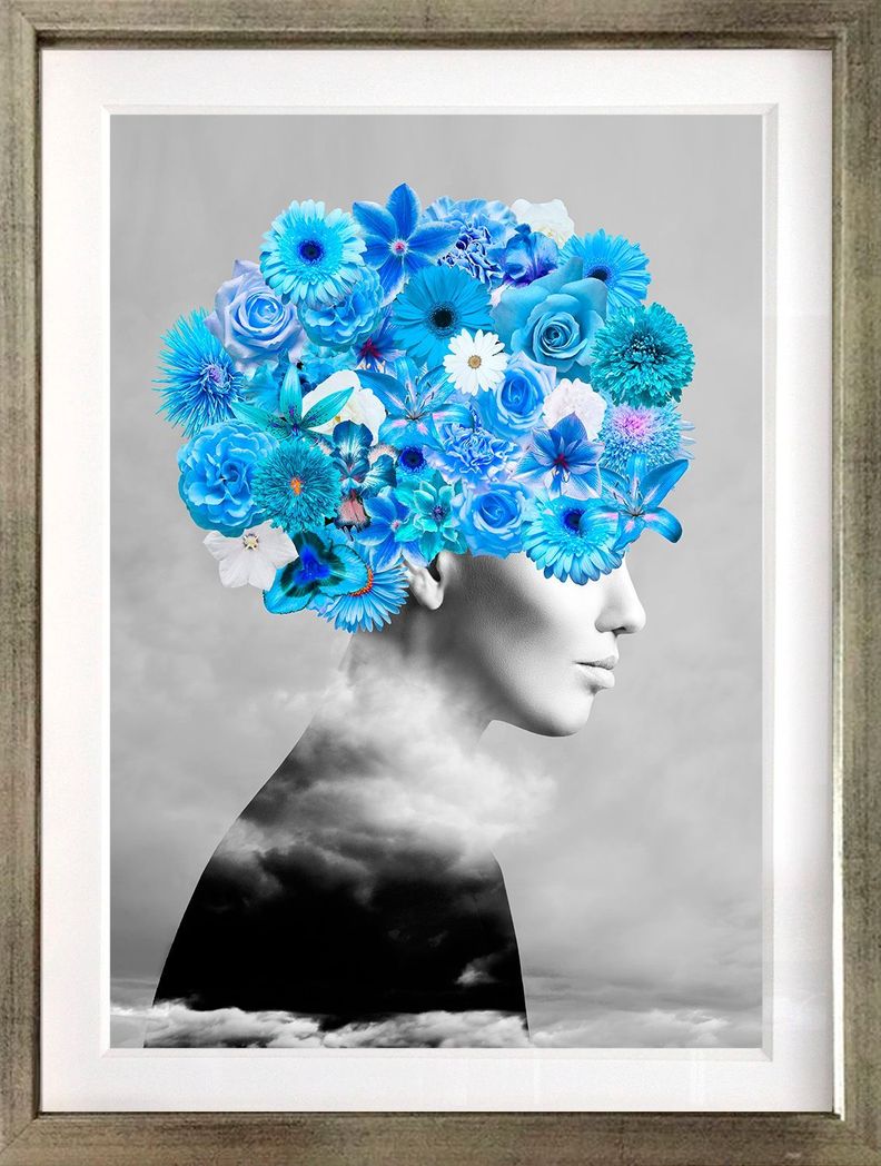 Cuadro Collage Perfil Floral Azul  40x50 cm Marco Plateado-0