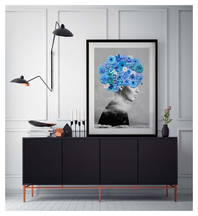 Cuadro Collage Perfil Floral Azul  40x50 cm Marco Plateado-1