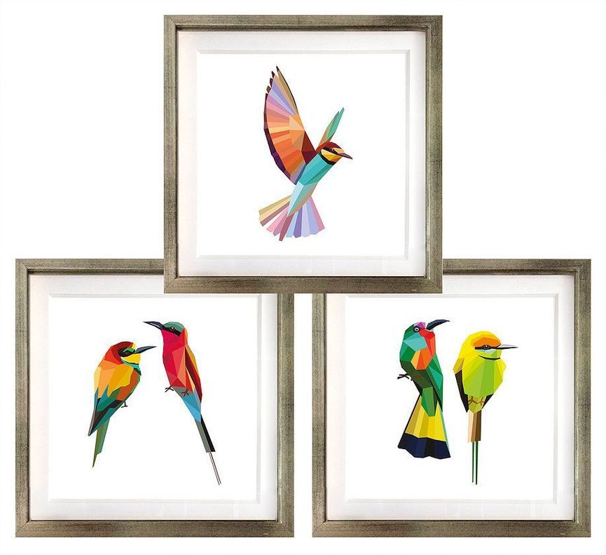 Set 3 Cuadros Plateado Pajaros Geométricos 30X30-0