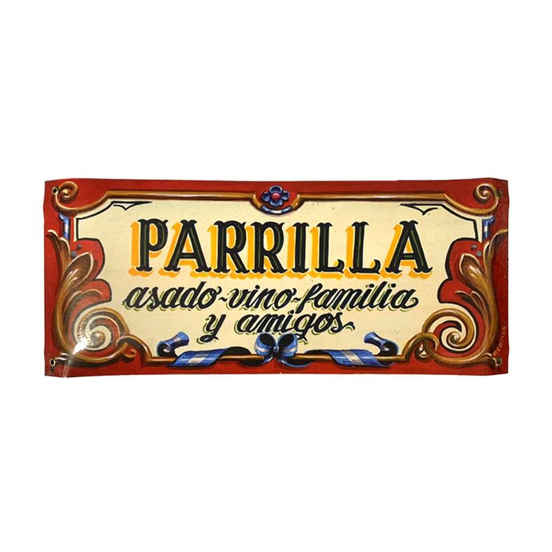 CARTEL CHAPA 18x43 PARIILLA ASADO~VINO~FAMILIA(FILETEADO) - FIRE CHILE-0