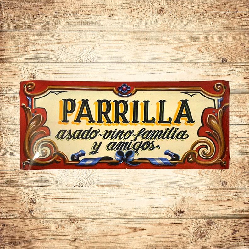 CARTEL CHAPA 18x43 PARIILLA ASADO~VINO~FAMILIA(FILETEADO) - FIRE CHILE-1