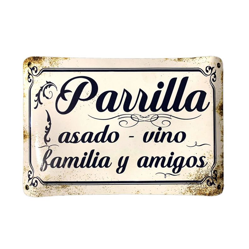 CARTEL CHAPA 25x35 PARRILLA,ASADO,VINO,FAMILIA Y AMIGOS - FIRE CHILE-0