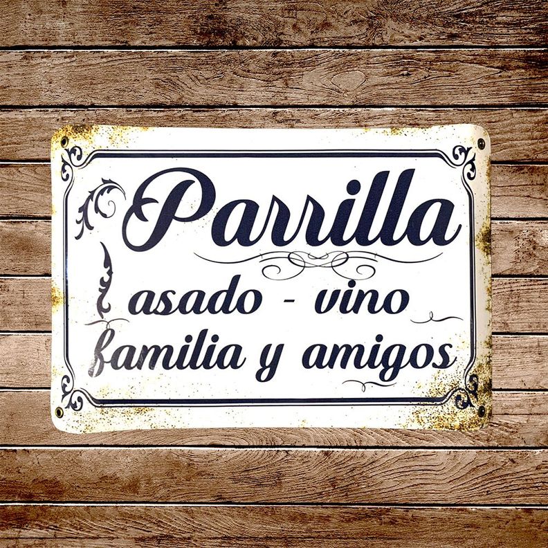 CARTEL CHAPA 25x35 PARRILLA,ASADO,VINO,FAMILIA Y AMIGOS - FIRE CHILE-1