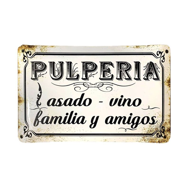 CARTEL CHAPA 25x35 PULPERIA ASADO~VINO~FAMILIA Y AMIGOS - FIRE CHILE-0