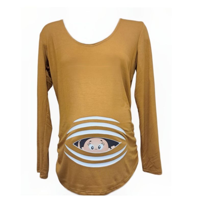 Polera Maternal estampada, bebe asomandose, color mostaza XS