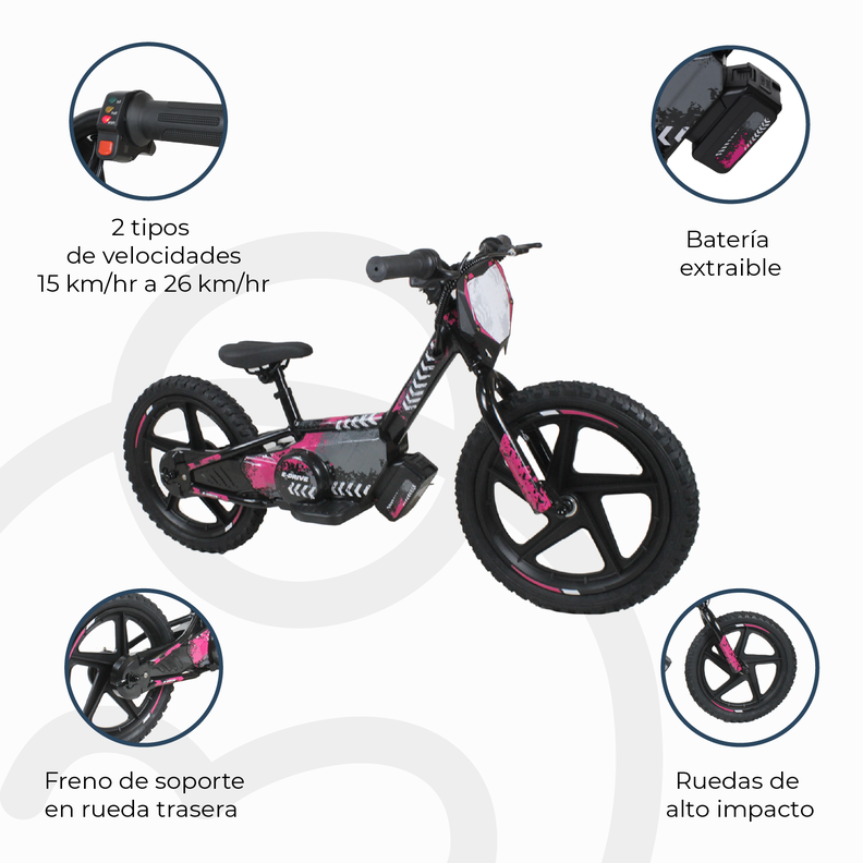 Bicicleta Moto Eléctrica E-Bike BeRide Aro 16 Rosada-9