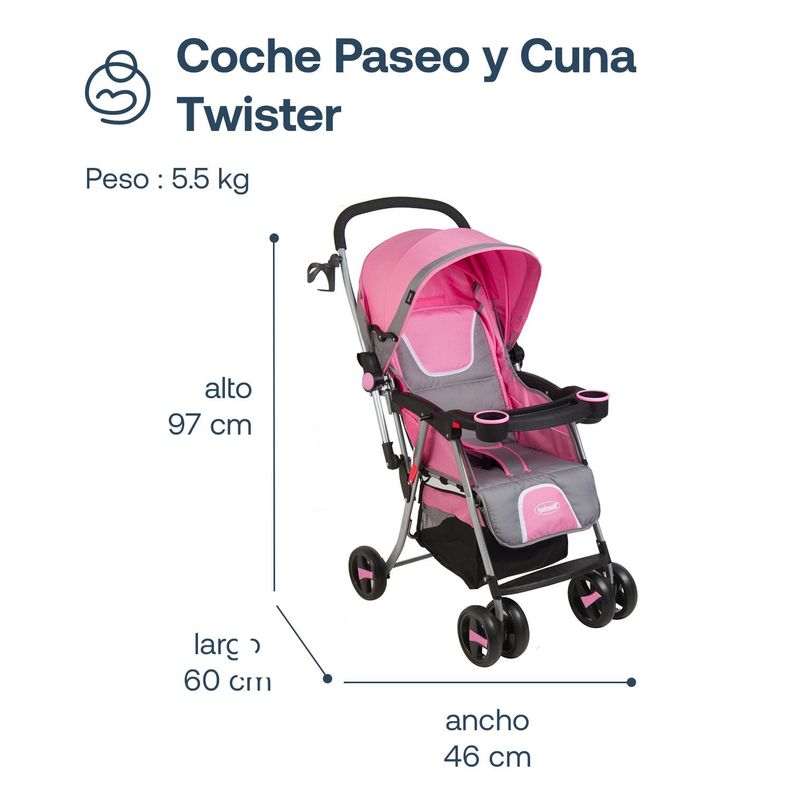 Coche Paseo y Cuna Twister SX Rosa-5