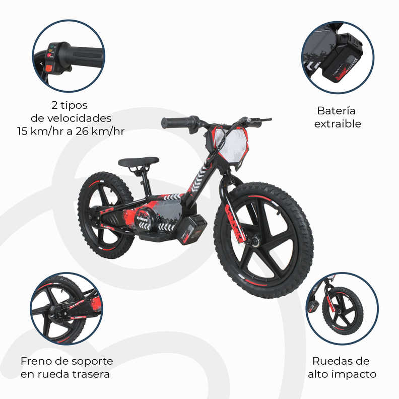 Bicicleta Moto Eléctrica E-Bike BeRide Aro 16 Roja-7