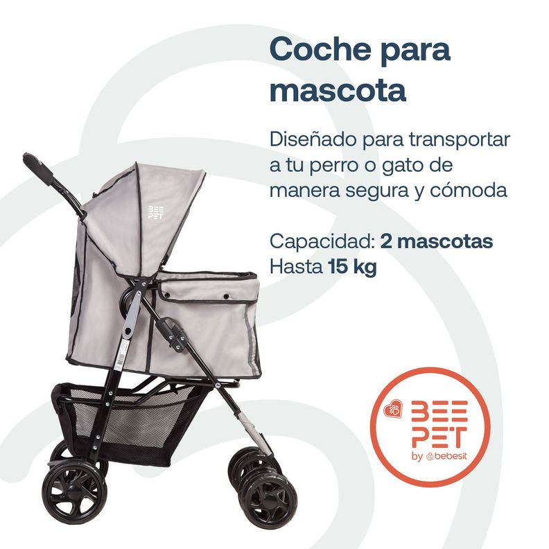 Coche Mascotas Plegable 1 Perro Gato Gris BeePet by Bebesit-1