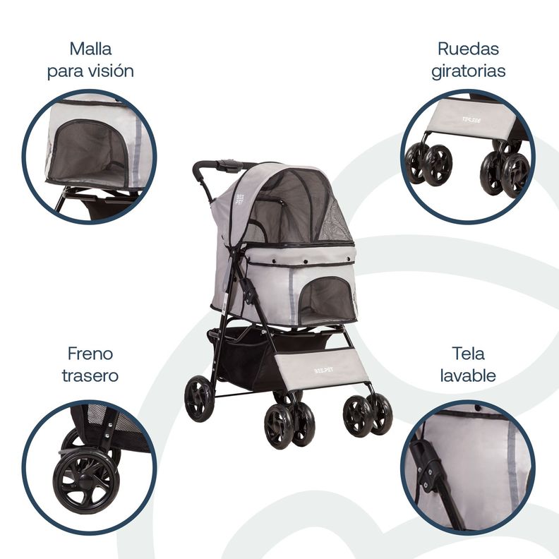 Coche Mascotas Plegable 1 Perro Gato Gris BeePet by Bebesit-2