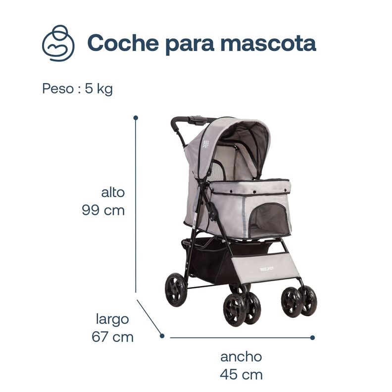 Coche Mascotas Plegable 1 Perro Gato Gris BeePet by Bebesit-5