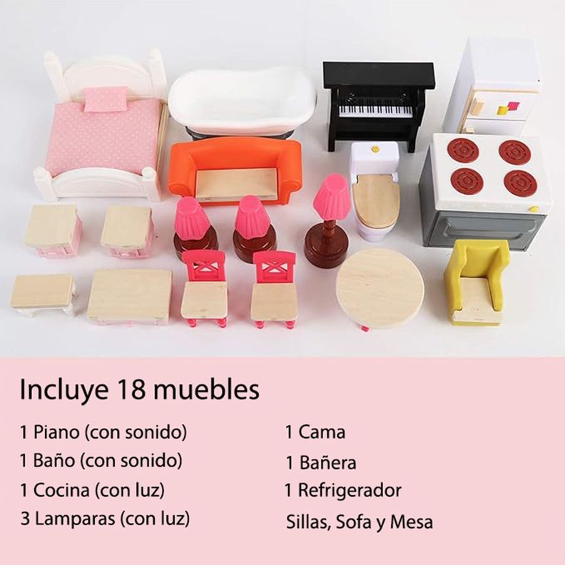 Casa de Muñecas + Muebles Madera Montessori  Bella-3