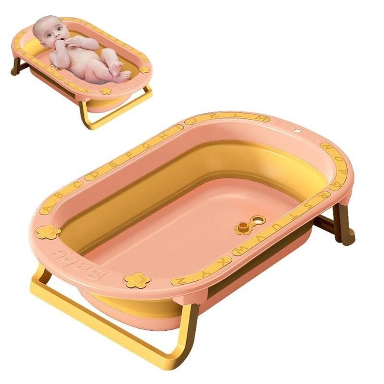 Tina Bañera Plegable Bebé Antideslizante + Malla Rosa-0