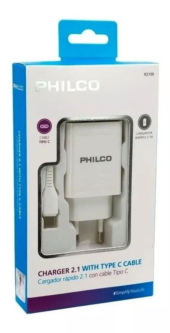 Cargador Celular Pared Y Cable Tipo C Philco 2.1a-0